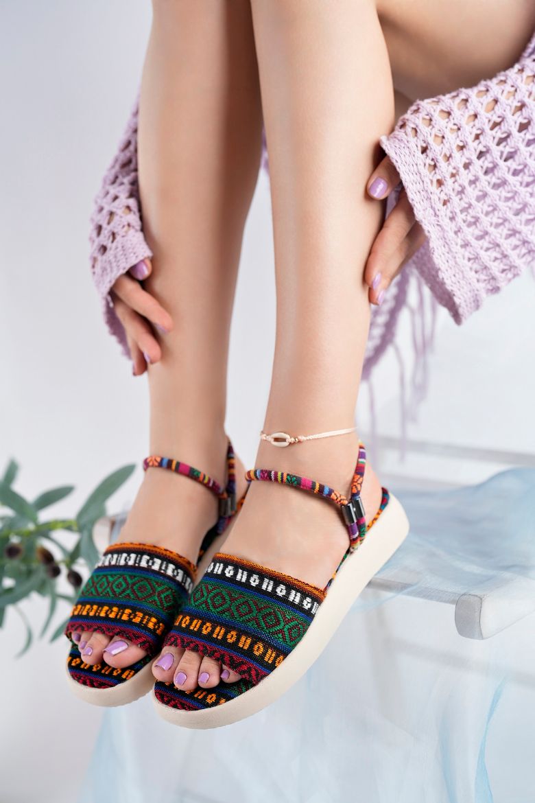 Kadın Desen Detaylı Renkli Sandalet 6233  YEŞİL resmi