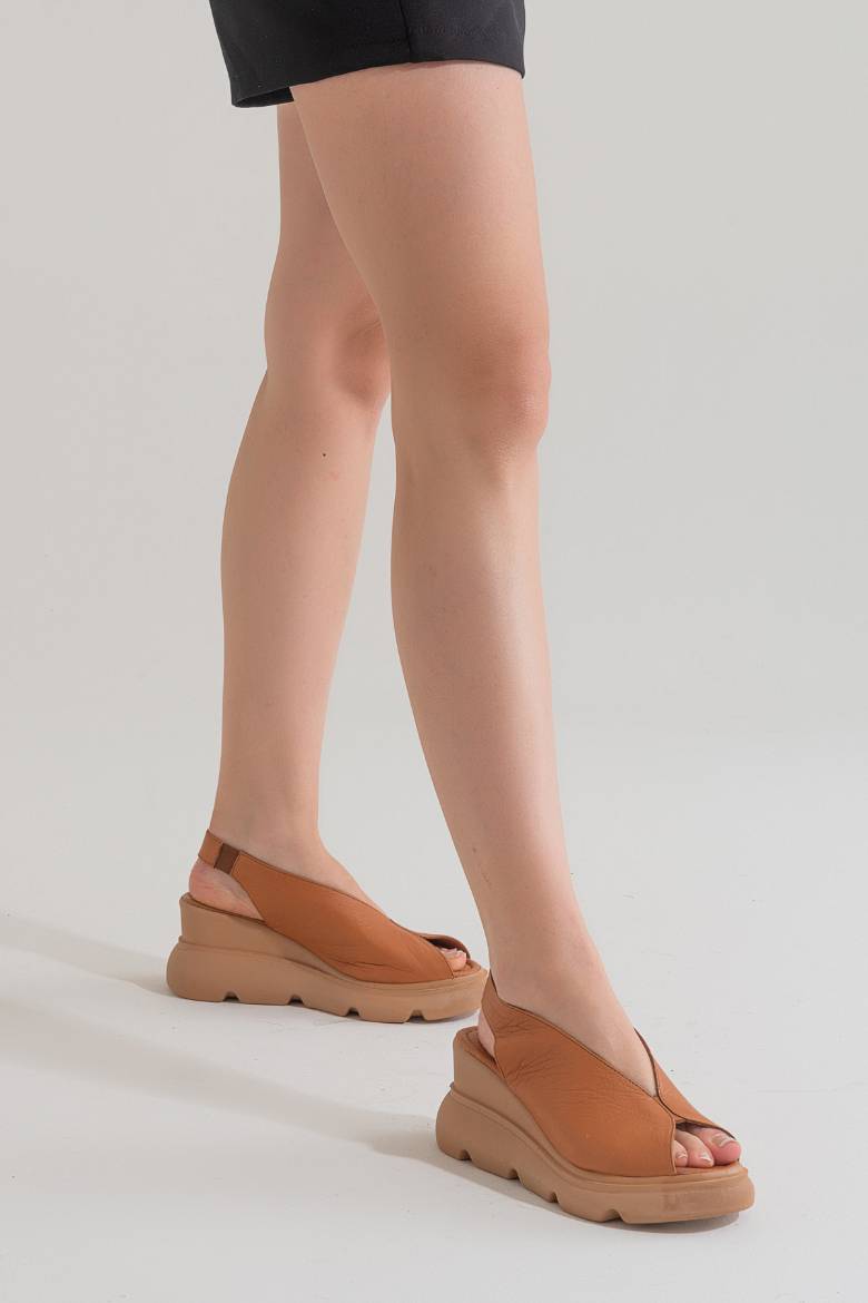 Kadın Cilt Hakiki Deri Dolgu Topuklu Sandalet 6202  TABA resmi